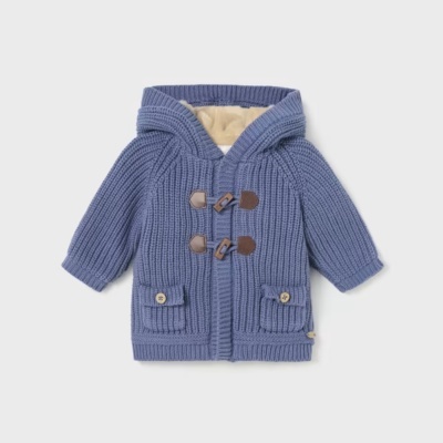 Casaco de malha azul com capuz e bolsos para bebé