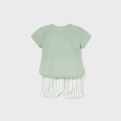 Conjunto de roupa infantil com t-shirt verde clara e calções com riscas brancas e verdes.