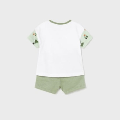 Conjunto infantil com t-shirt e calções em tons de verde em fundo cinza claro