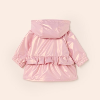 Casaco impermeável cor-de-rosa claro para criança com capuz e babado