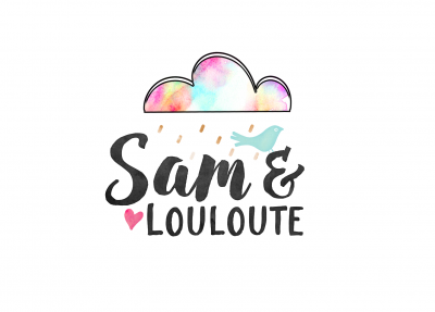 Logotipo colorido de Sam & Louloute com nuvem, gotas, pássaro e texto em fundo branco