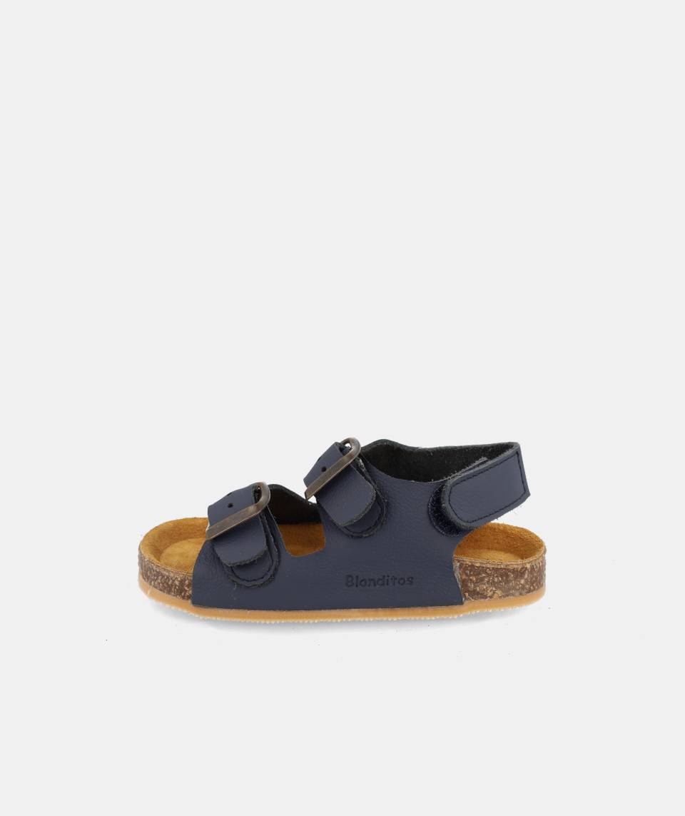 Sandália infantil azul escuro com tiras e sola castanha