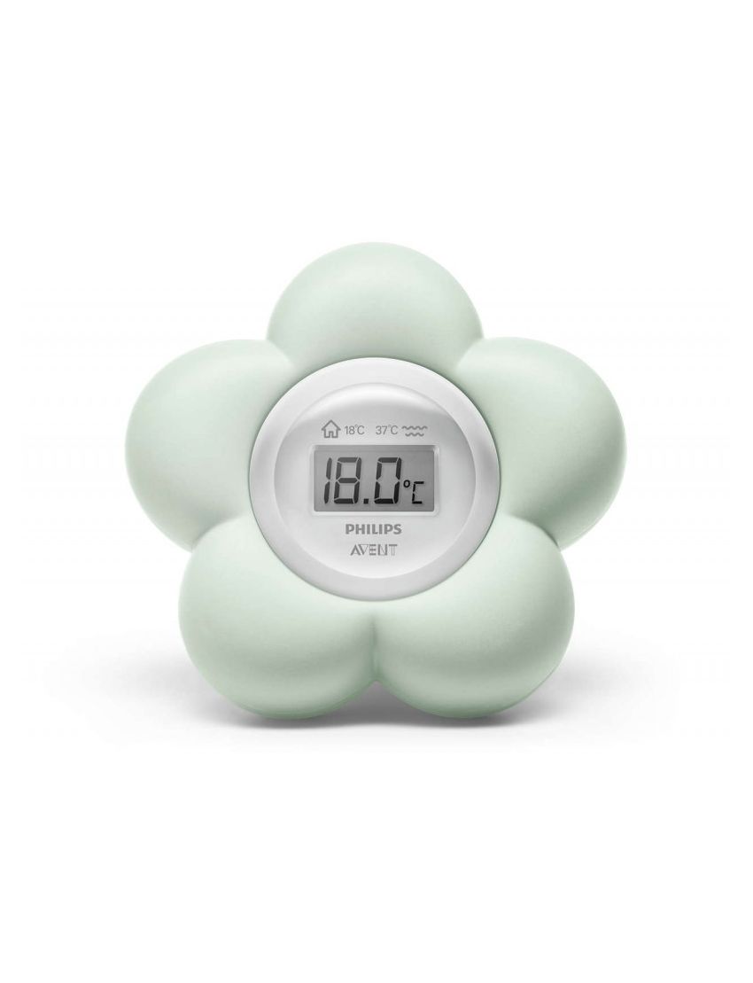 Termómetro digital em forma de flor verde clara PHILIPS AVENT a mostrar 18.0°C em visor.