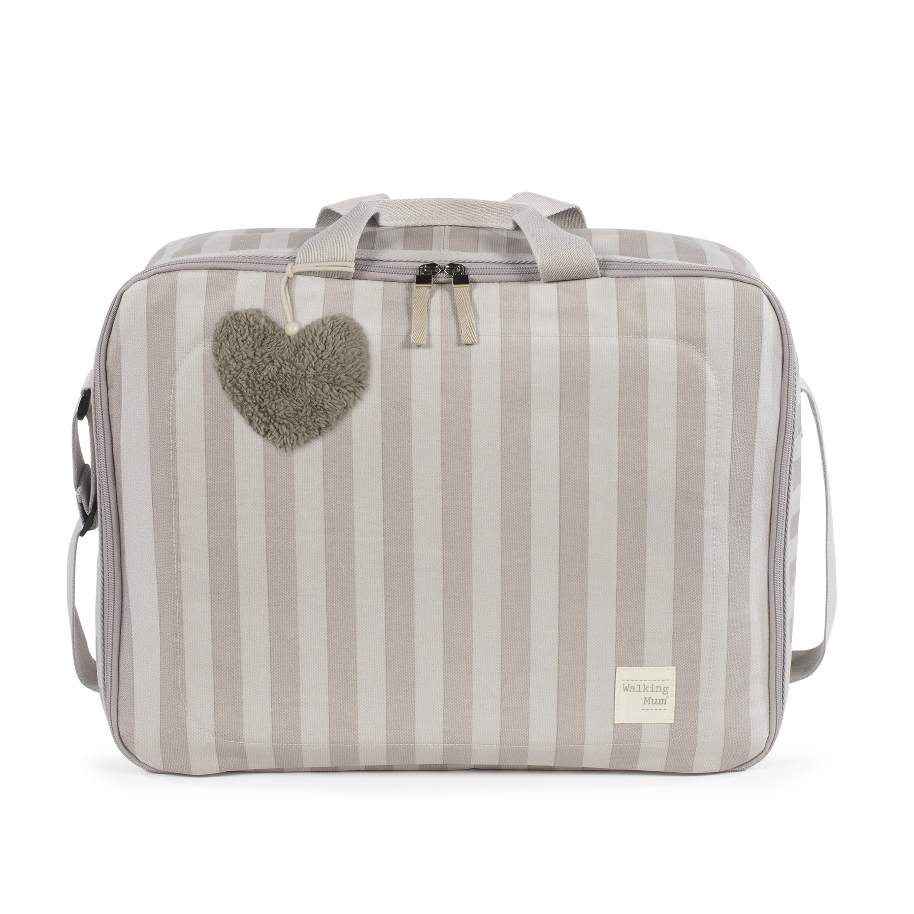 Mala riscada bege e branco com coração felpudo cinza e etiqueta Walking Mum