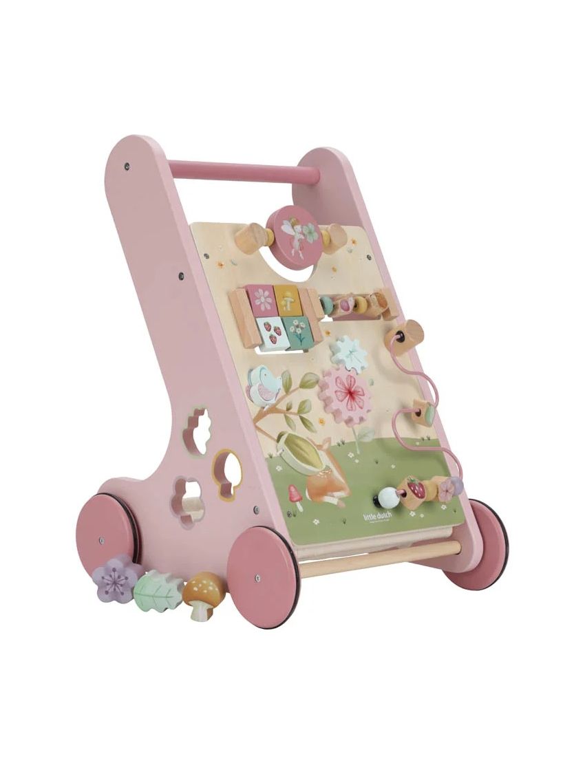 Andarilho de madeira cor-de-rosa com elementos coloridos de madeira e tema floral