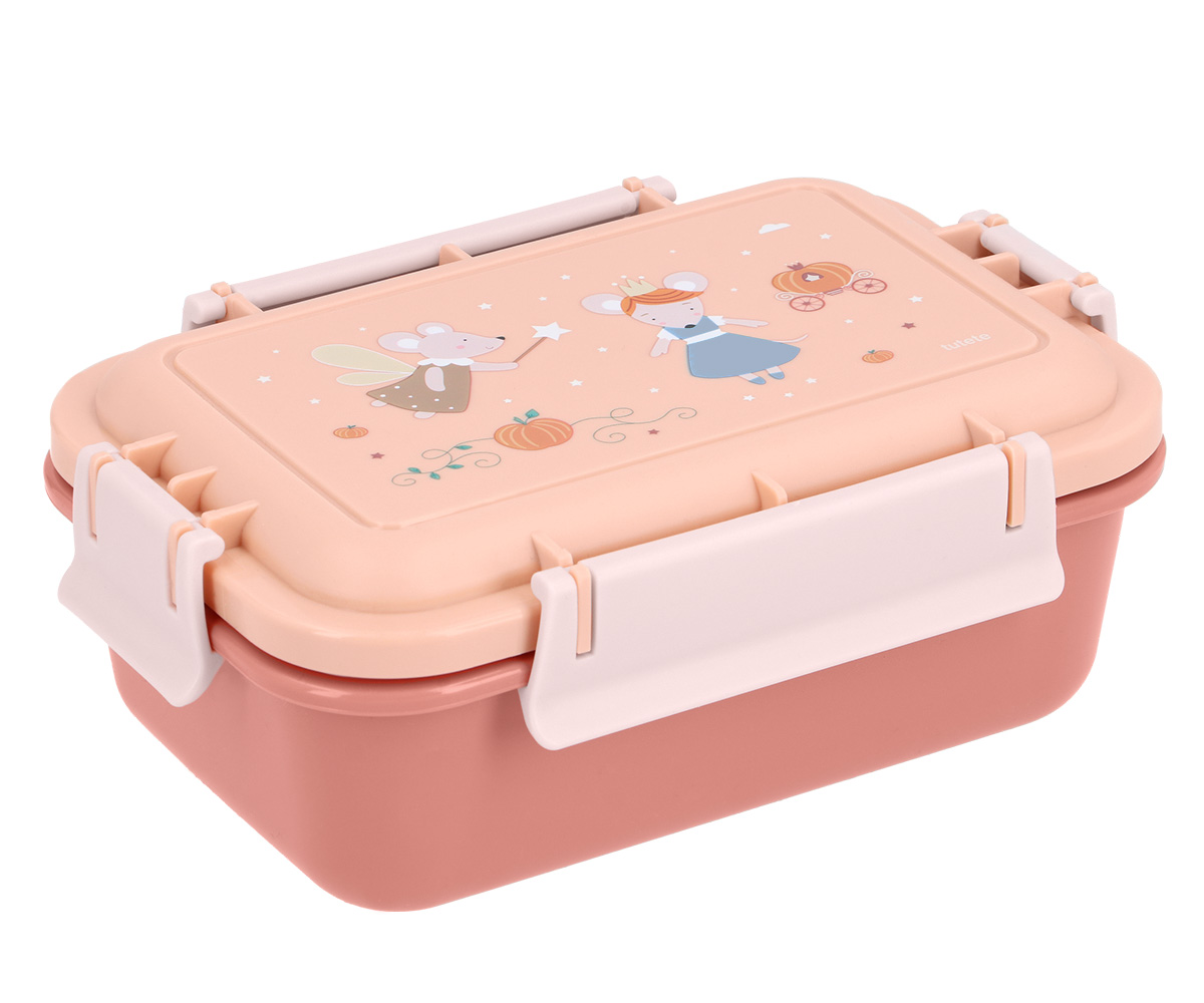 Caixa de plástico para alimentos rosa com tampa decorada com personagens e fechos brancos.