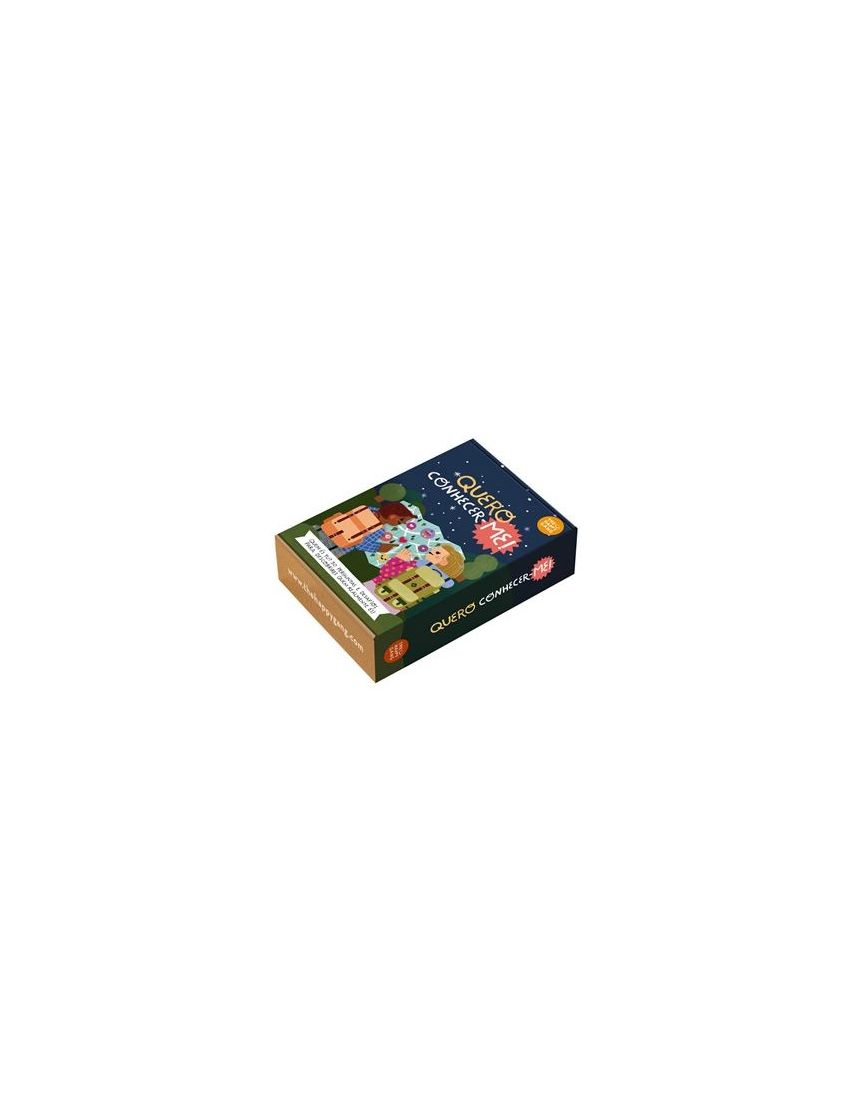 Caixa de jogo de cartas 'QUERO CONHECER ME!' com ilustração colorida de quatro crianças.