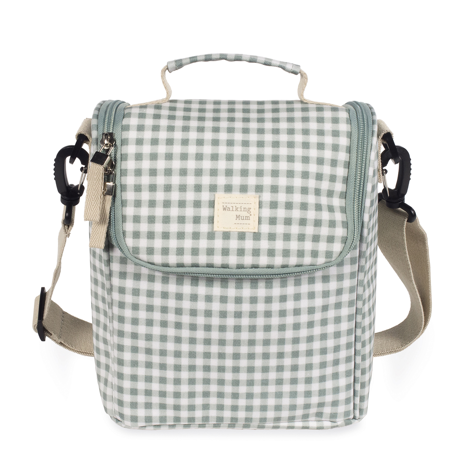 Bolsa térmica xadrez verde e branco com alça ajustável bege e fecho