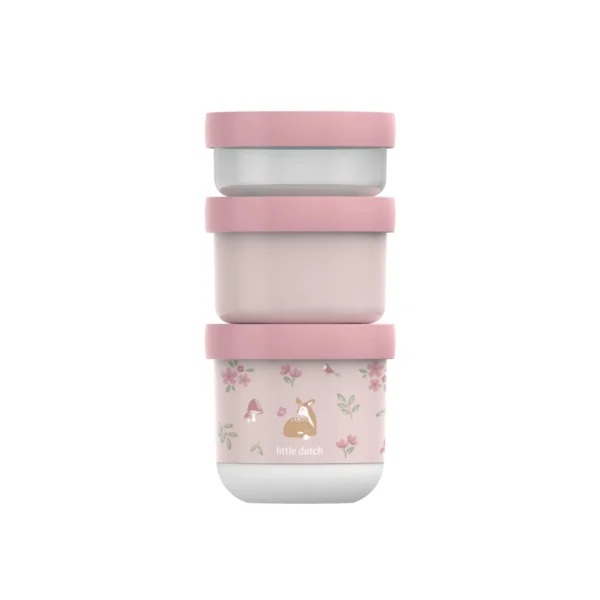 Conjunto de três caixas de armazenamento com tampas cor-de-rosa, decoradas com padrão floral e ilustração de cervo.