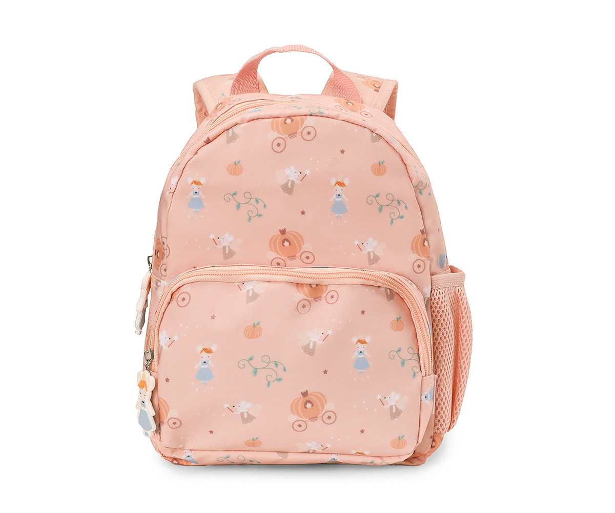 Mochila infantil cor-de-rosa com padrão de fadas e abóboras