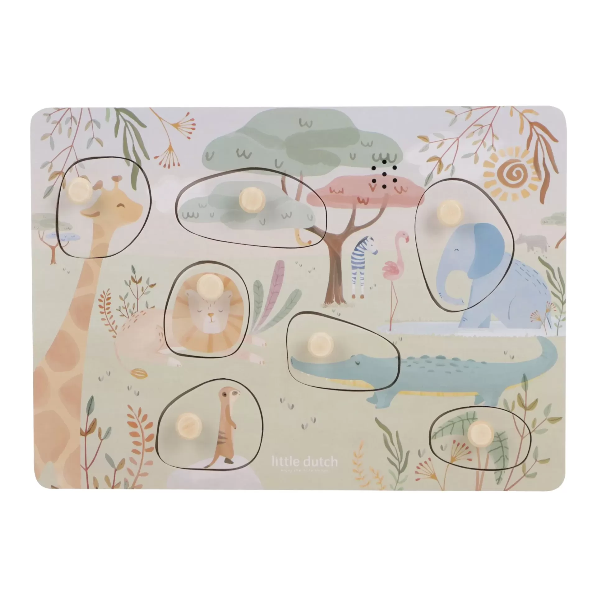 Cabideiro infantil com pintura de animais da selva e botões de madeira.