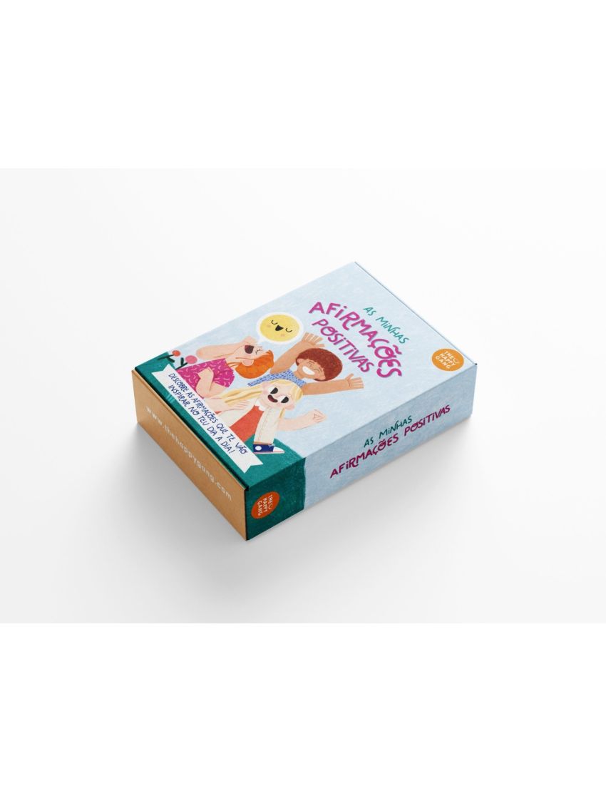 Caixa de afirmações positivas com ilustração colorida de crianças e sol