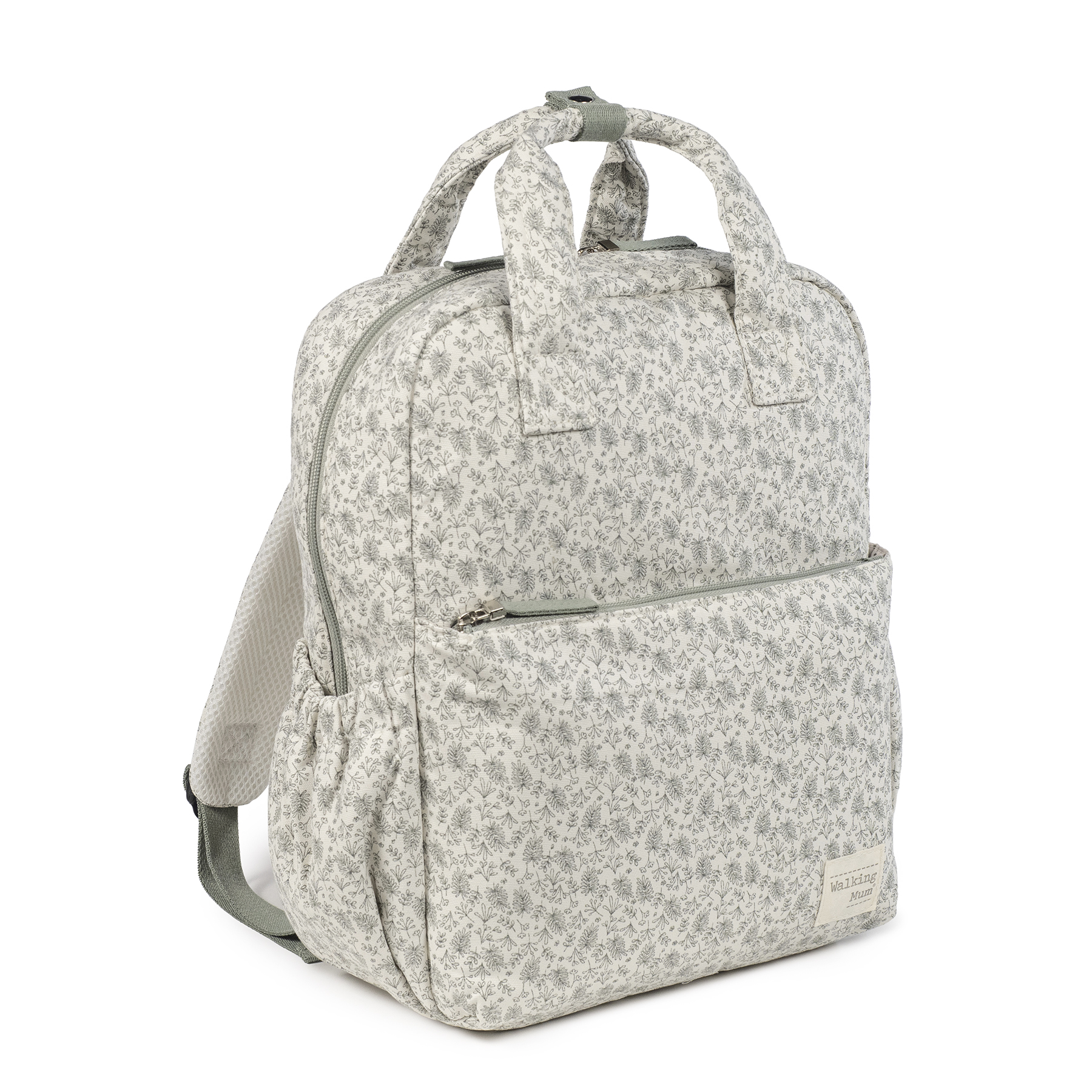 Mochila branca com padrão de folhas cinzentas e alças acolchoadas