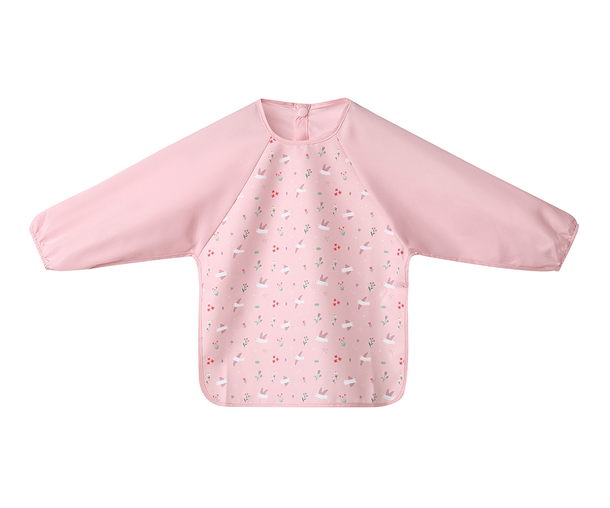 Babete rosa com manga comprida e padrão de pássaros e flores