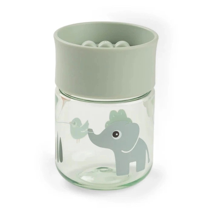 Frasco de vidro com tampa verde e ilustração de elefante e pássaro