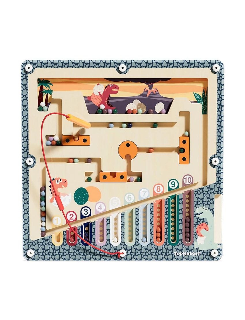 Tabuleiro de jogo de madeira com bola magnética vermelha, bolas coloridas, dinossauros e números de 1 a 10