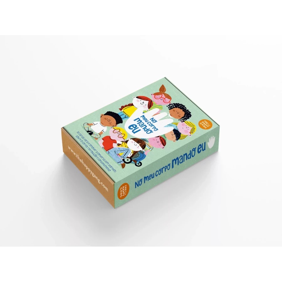 Caixa de jogo educativo No meu corpo mando eu com ilustrações de crianças e cores verde e laranja
