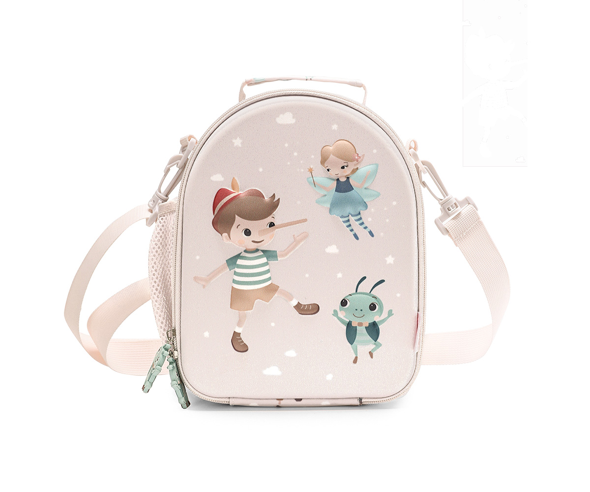 Mala infantil bege claro com personagens de desenho animado e alça ajustável.
