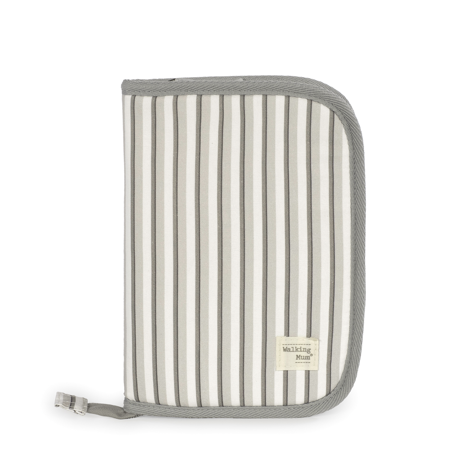 Estojo riscas brancas e cinzentas com etiqueta Walking Mum