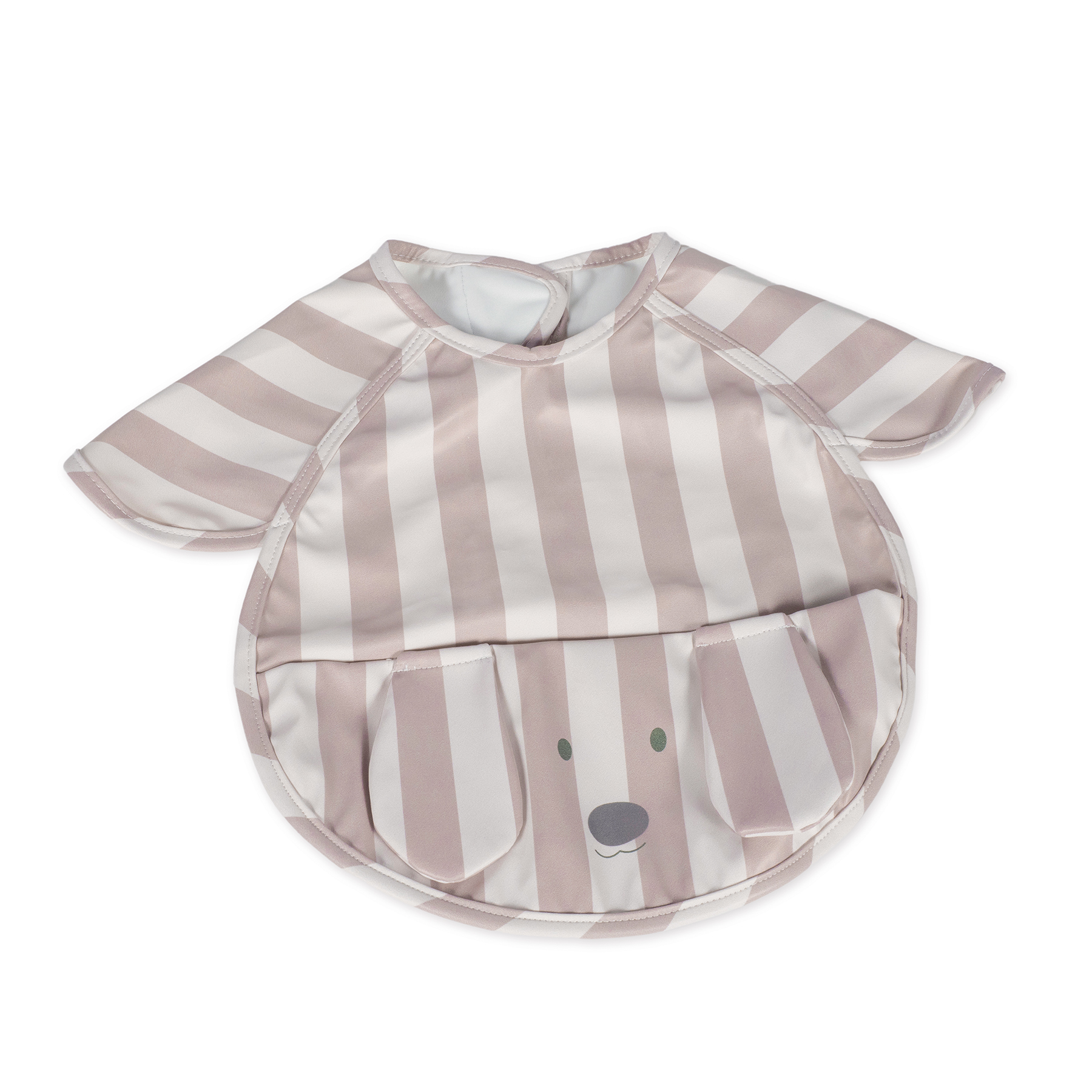Babete rosa às riscas com bolso e desenho de cão