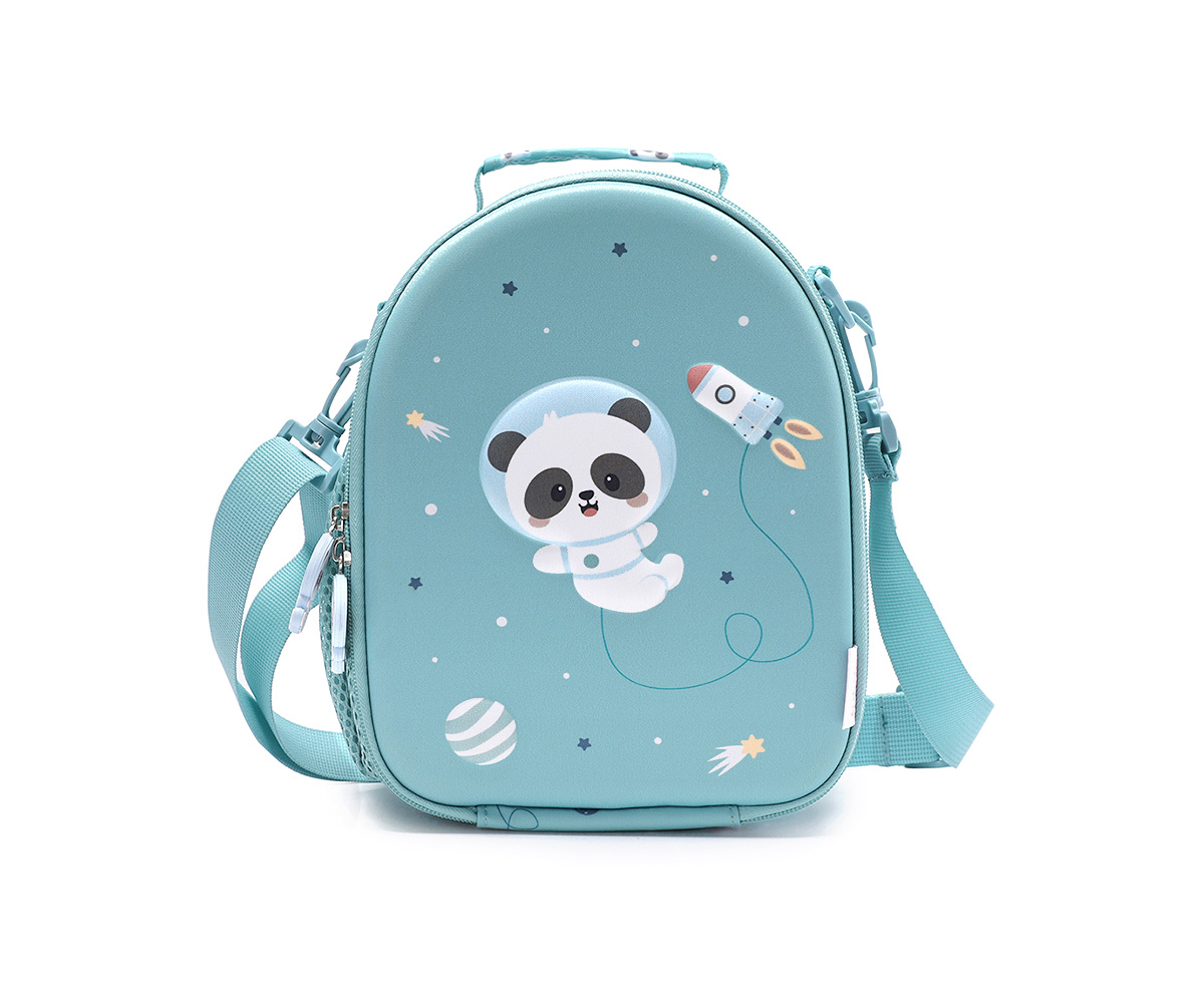 Mala de ombro azul com desenho de panda astronauta e foguetão