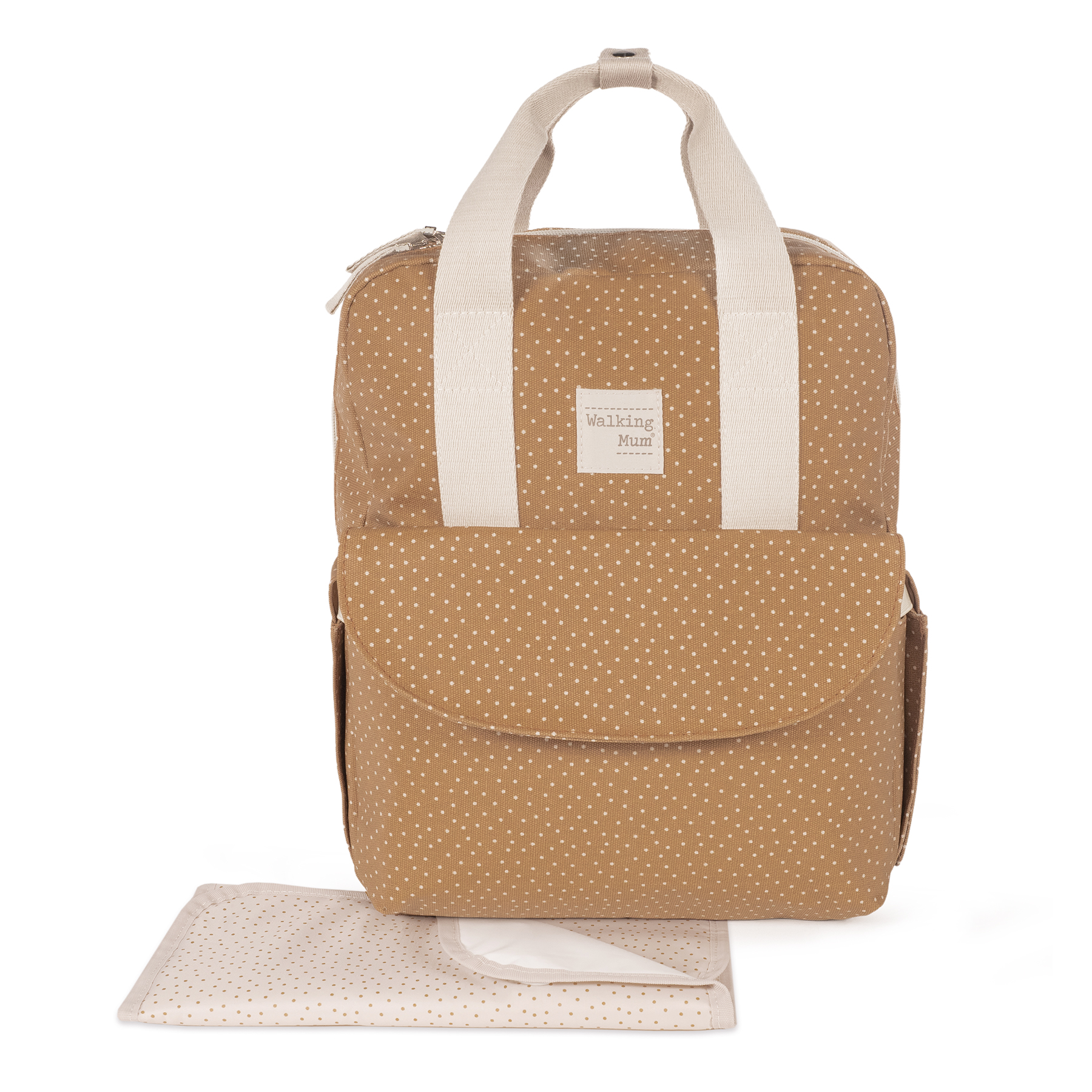 Mochila castanha com bolinhas brancas e texto Walking Mum