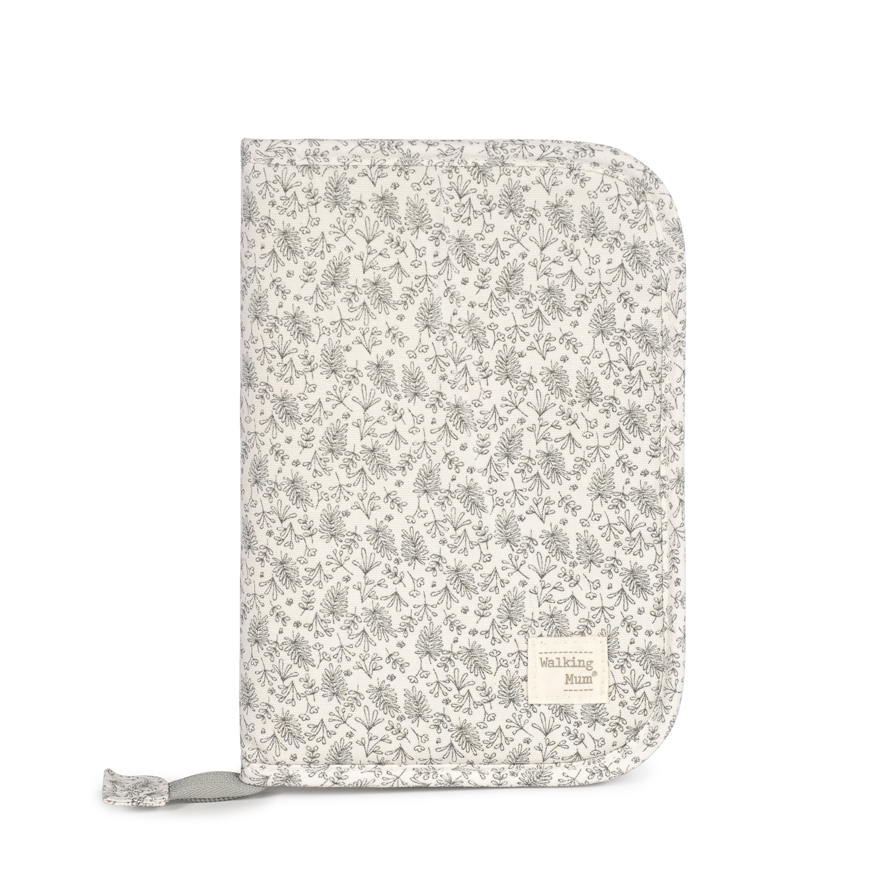 Capa protetora branca com padrão floral cinzento e etiqueta WALKING Mum