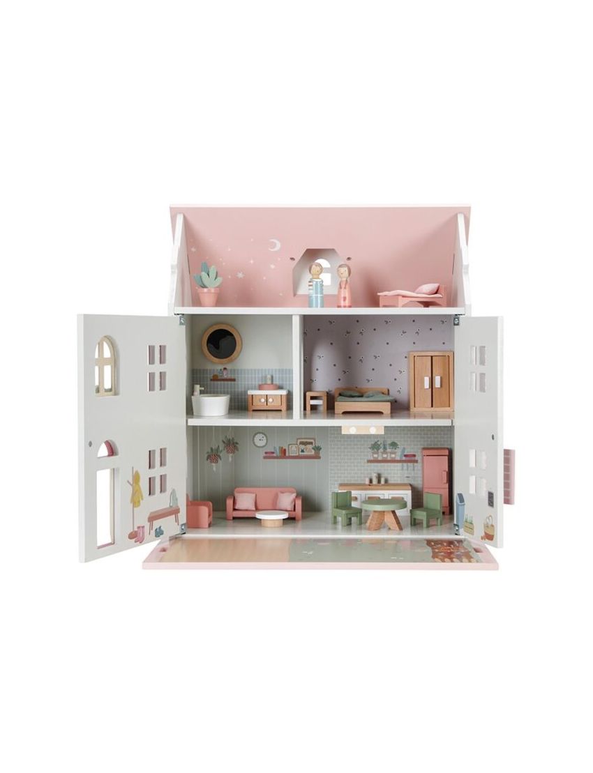Casa de bonecas de madeira com três andares e decoração em tons pastel