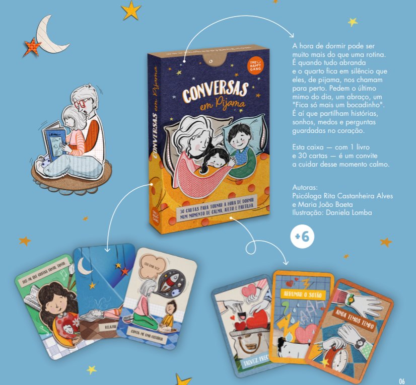 Caixa e cartas do produto Conversas em Pijama com ilustrações coloridas de crianças e texto