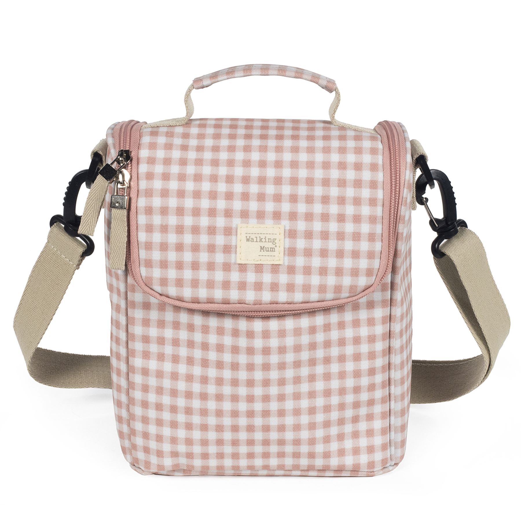 Bolsa térmica xadrez rosa e branca com alça bege ajustável e etiqueta Walking Mum.