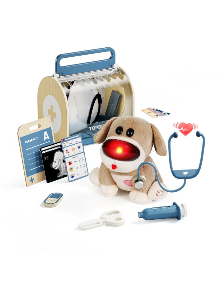 Brinquedo veterinário com cão de peluche e acessórios médicos em fundo branco