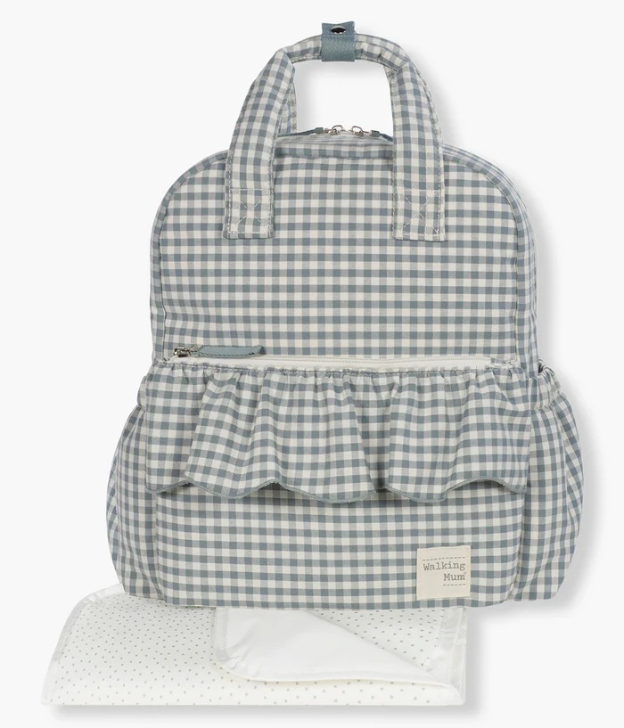 Mochila para bebê cinza xadrez com bolso frontal e muda fralda