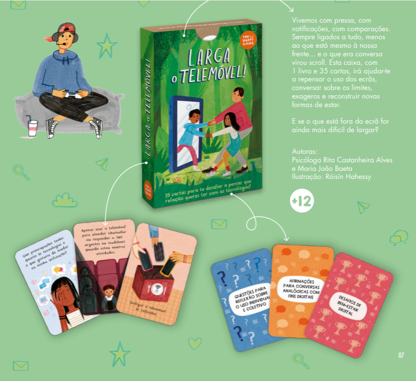 Jogo de cartas 'Larga o Telemóvel!' com caixa verde e cartas coloridas sobre fundo verde