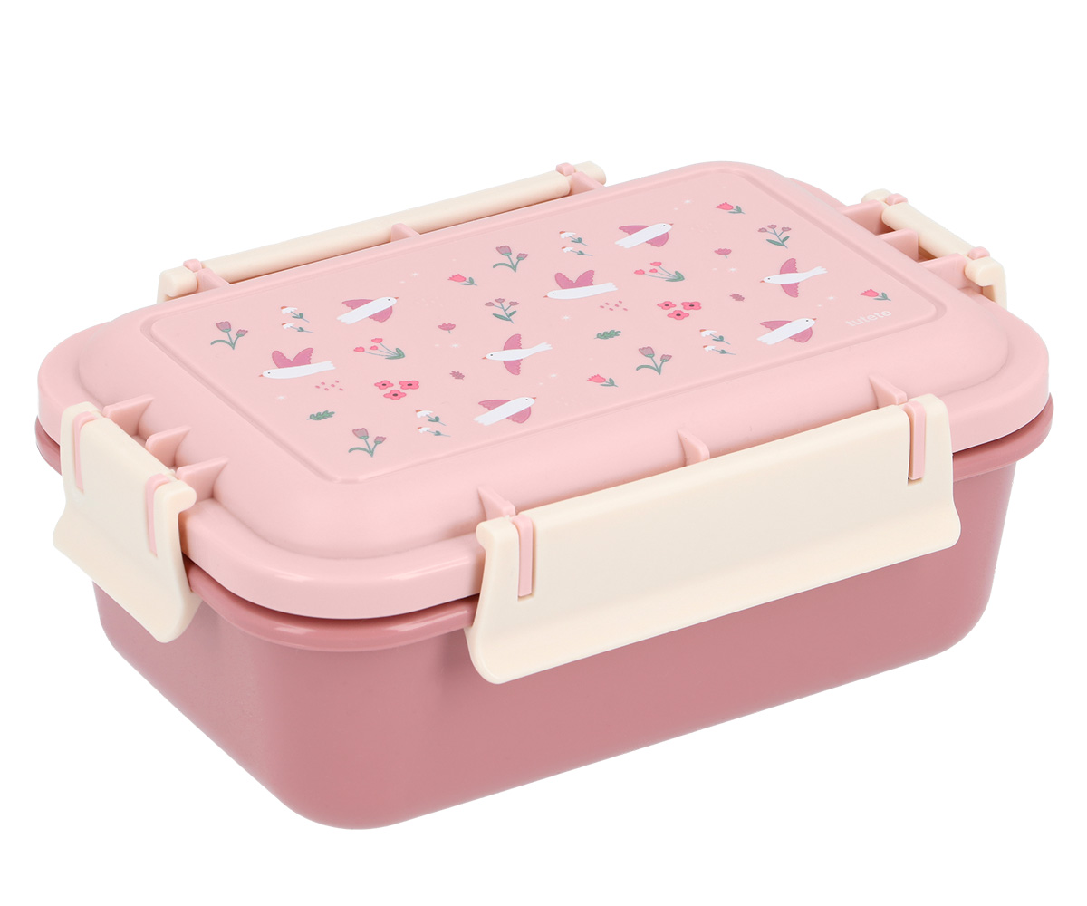 Marmita de plástico rosa com tampa decorada com pássaros e flores e fechos bege.