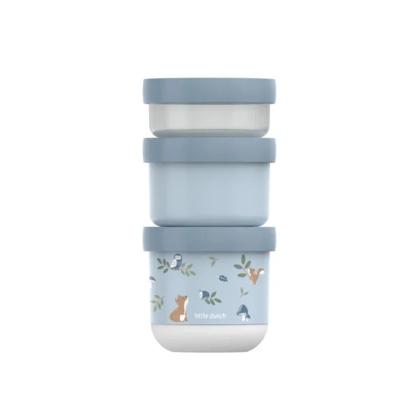 Conjunto de três caixas de armazenamento azuis e brancas com tampa azul e ilustração de animais