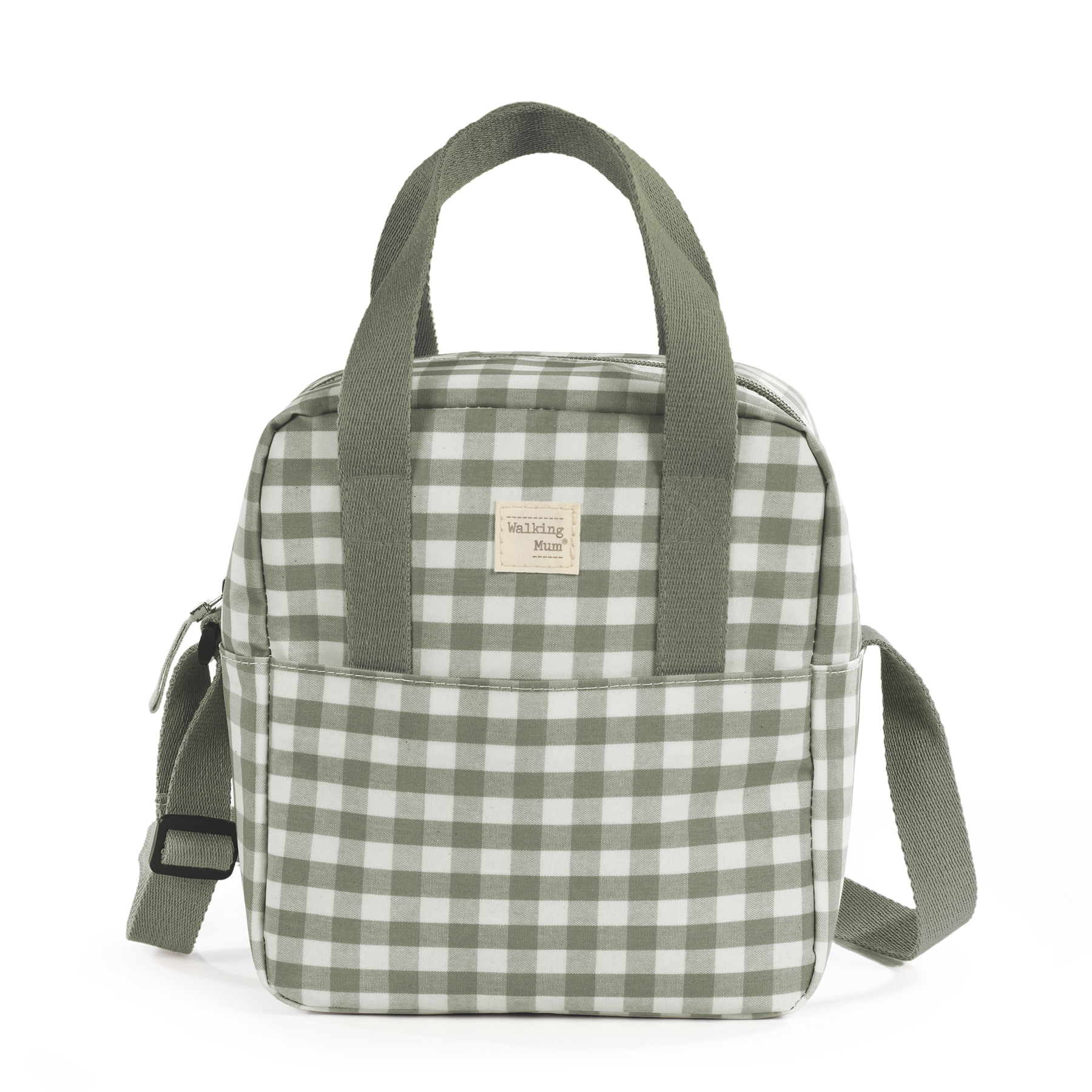 Mala de mão xadrez verde e branco com alças largas verdes e etiqueta Walking Mum