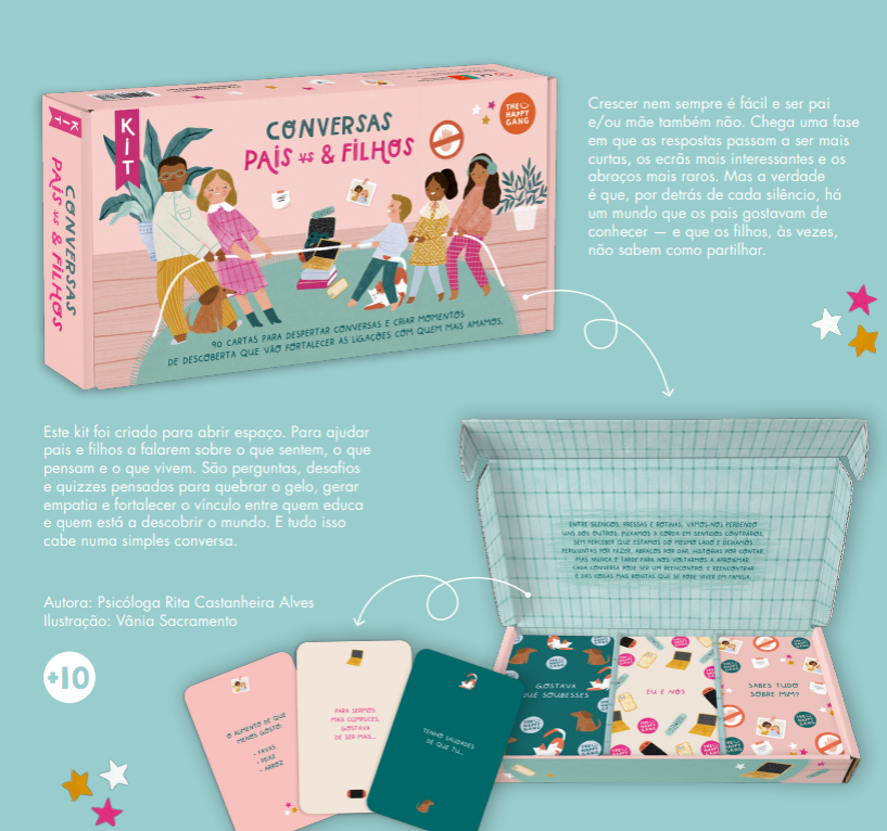 Kit de cartas 'Conversas Pais vs & Filhos' em caixa ilustrada com cartas coloridas