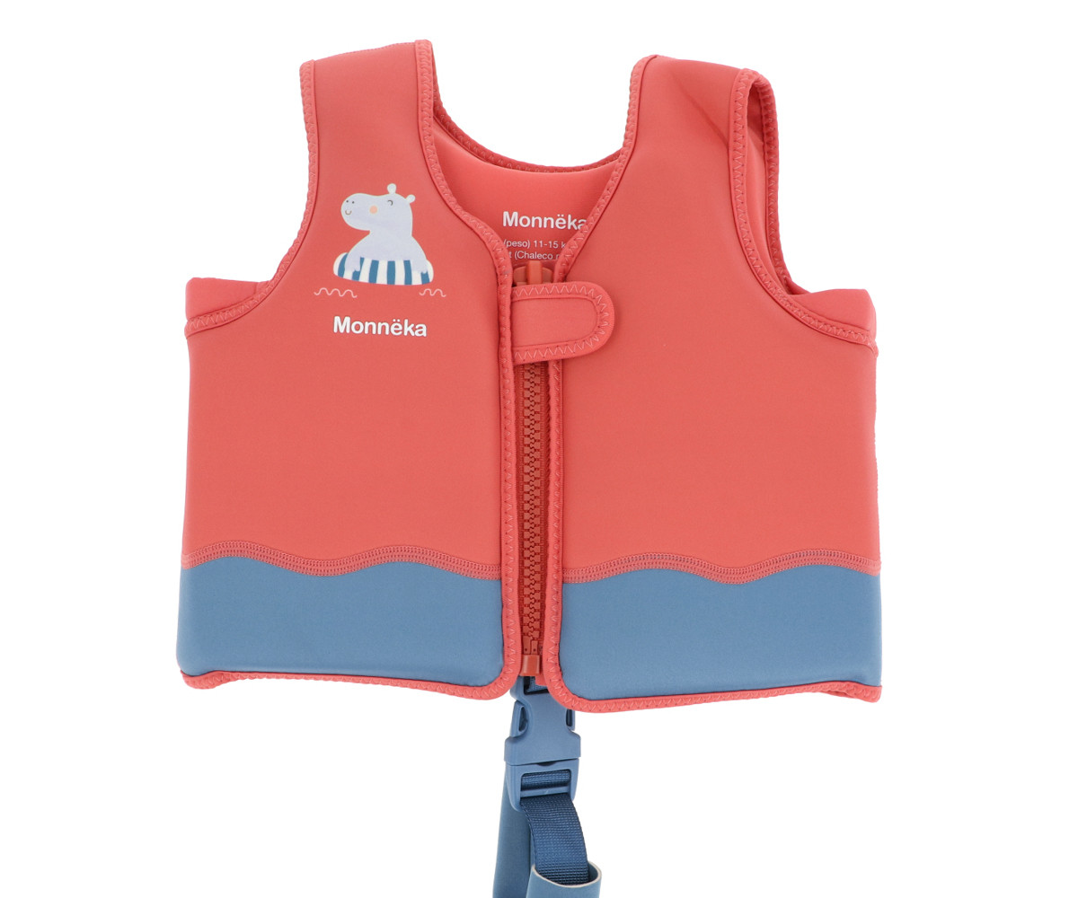 Colete salva-vidas cor de coral e azul com estampa de hipopótamo e texto Monnéka