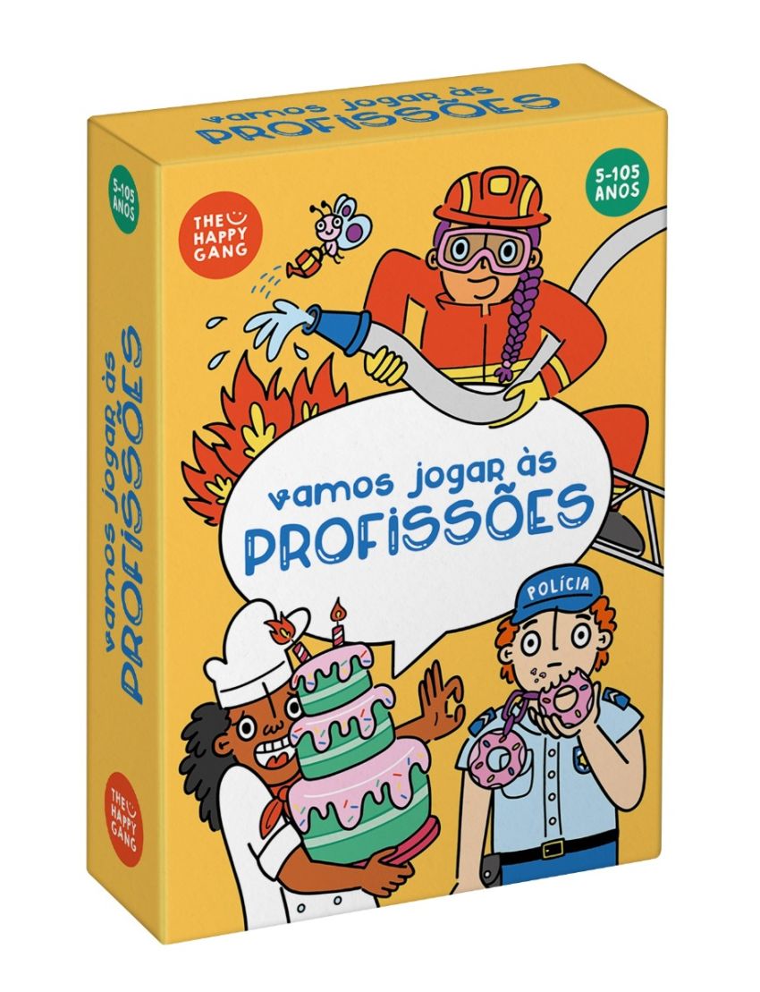 Caixa amarela de jogo 'vamos jogar às PROFISSÕES' com ilustrações de bombeiro, cozinheira e polícia.