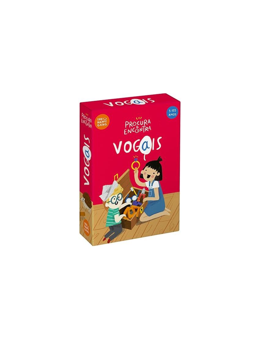 Caixa de jogo educativo vermelha com ilustração de crianças e texto 'PROCURA ENCONTRA VOGAIS'. 