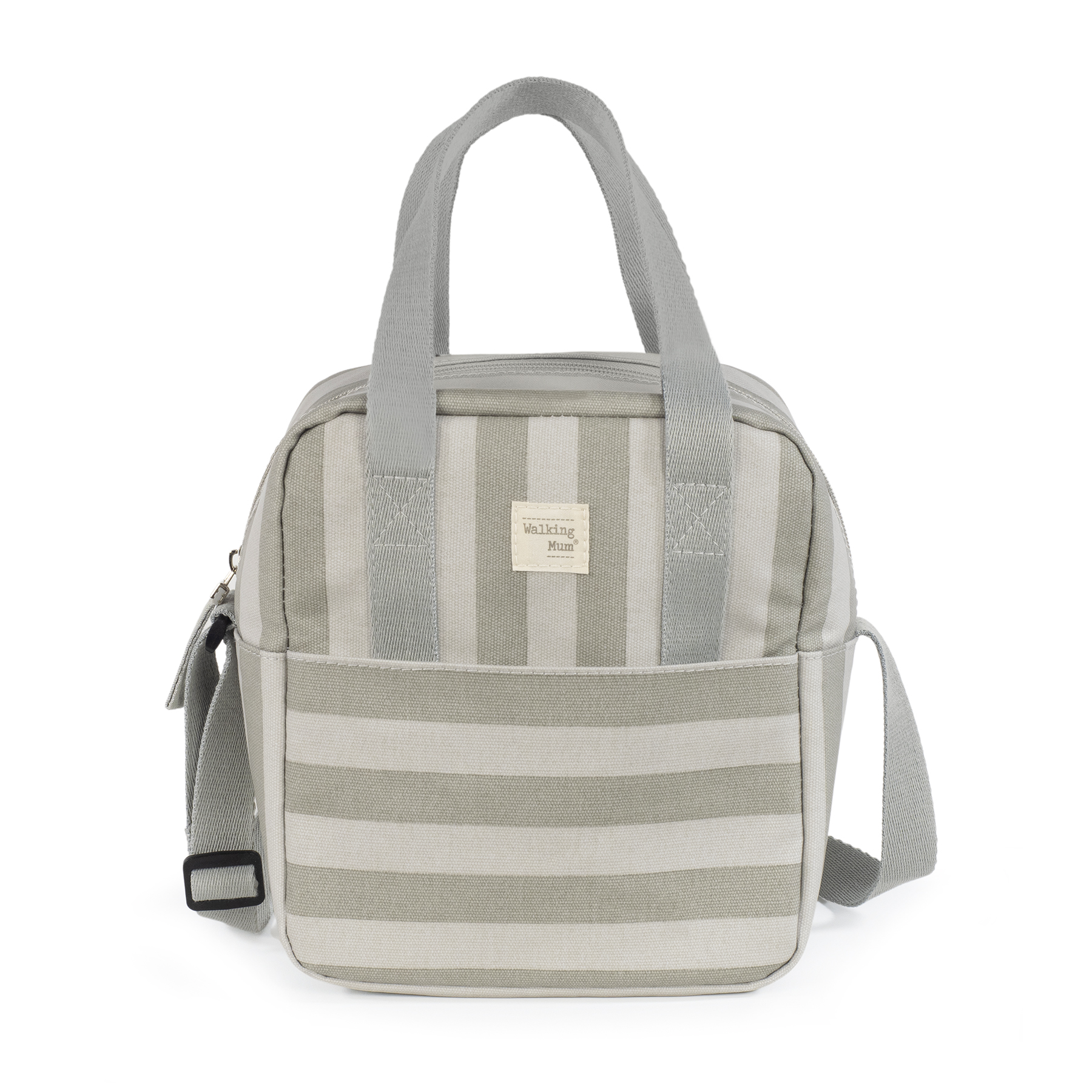 Mala de tecido cinza e bege às riscas com alças e etiqueta Walking Mum