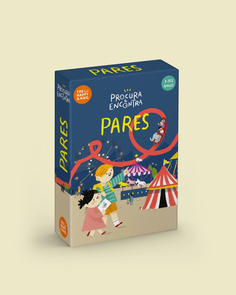Caixa de jogo infantil 'Procura & Encontra Pares' com ilustrações de crianças e parque de diversões.