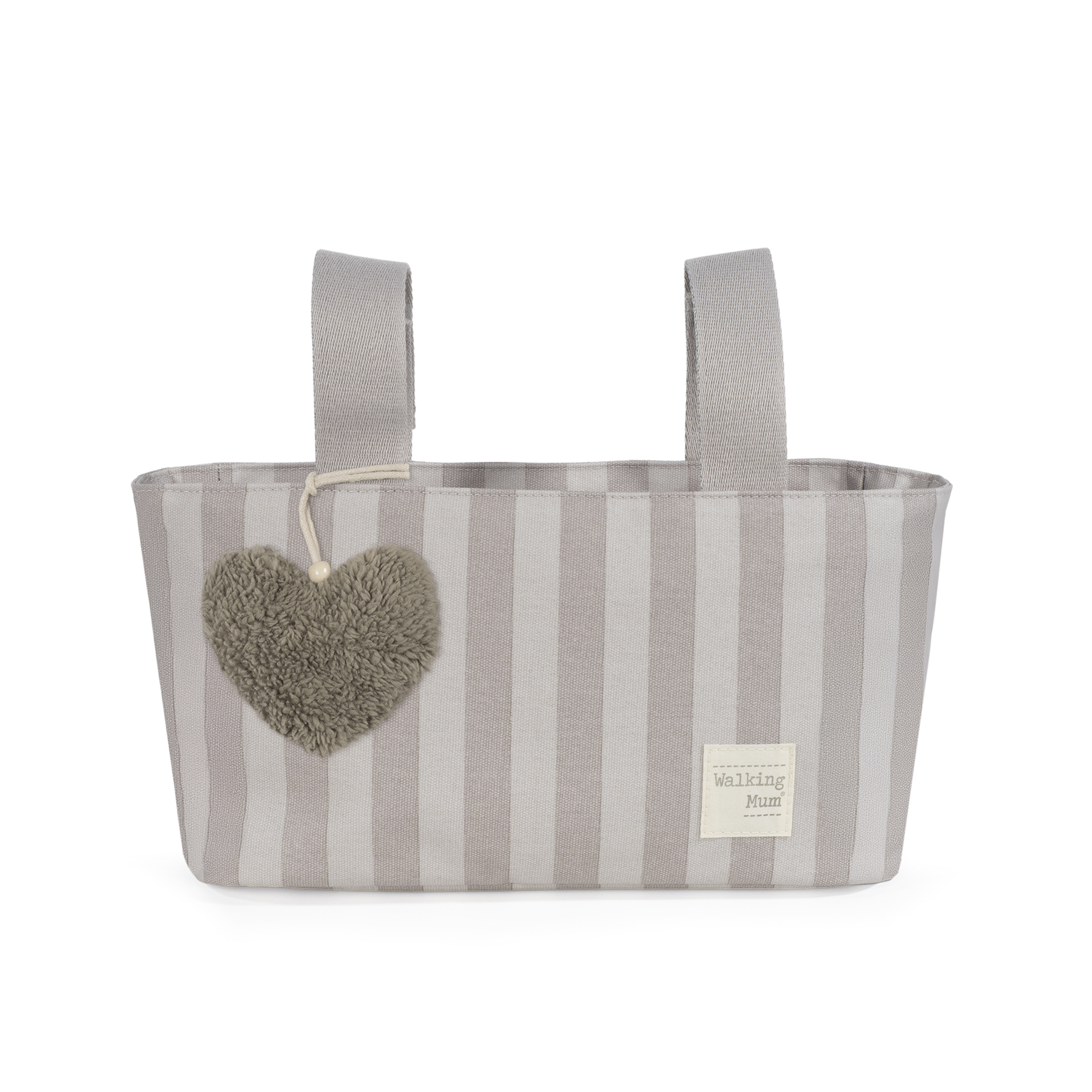 Saco organizador têxtil riscas cinzentas com coração peludo e etiqueta Walking Mum