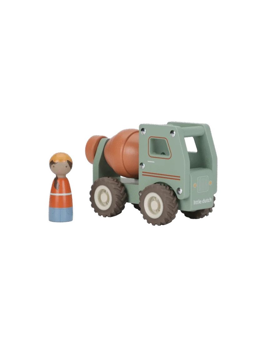Camião betoneira de brinquedo verde com figura humana de madeira