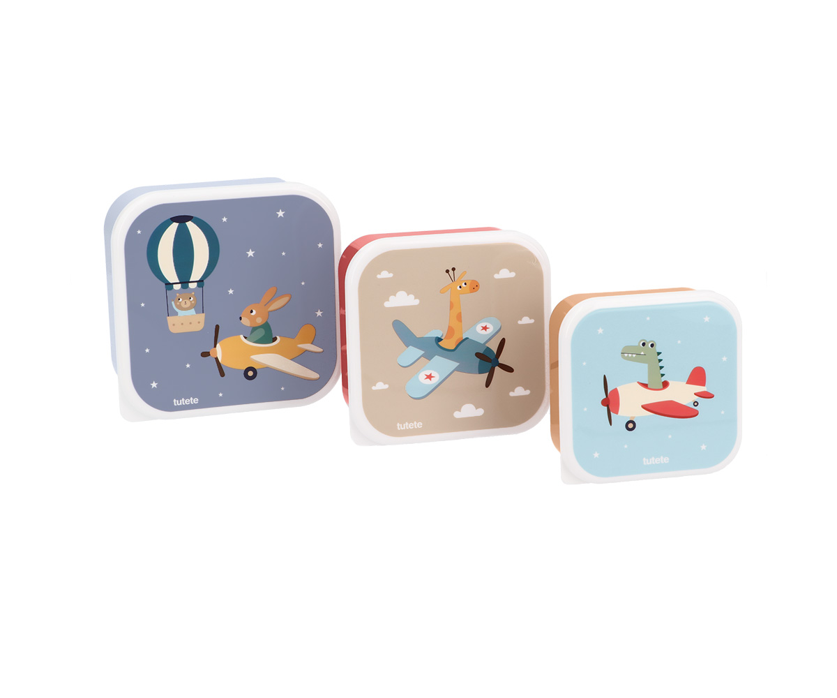 Conjunto de caixas metálicas com ilustrações infantis de animais em aviões e balão