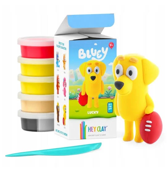 Conjunto de modelagem Hey Clay com figura amarela de cão e potes de massa colorida