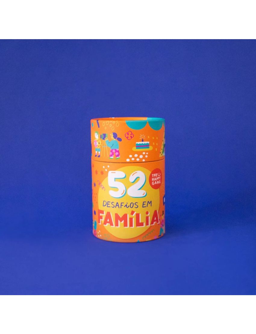 Caixa cilíndrica laranja com texto e ilustrações coloridas sobre fundo azul