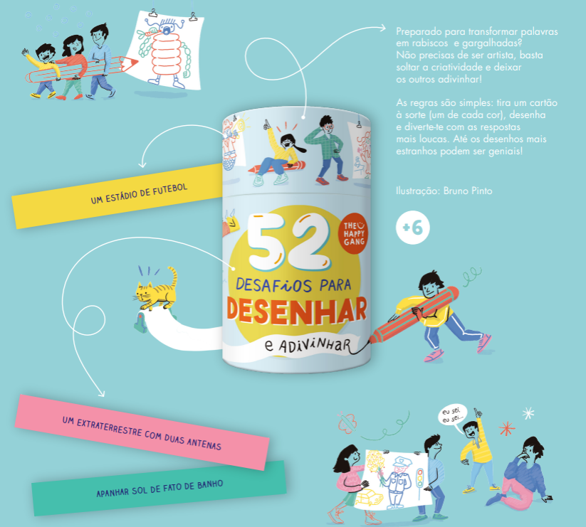 Embalagem cilíndrica colorida para 52 desafios para desenhar e adivinhar, com ilustrações de crianças e frases em português.