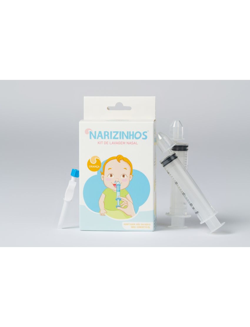 Kit de lavagem nasal Narizinhos com seringas e embalagem branca para criança