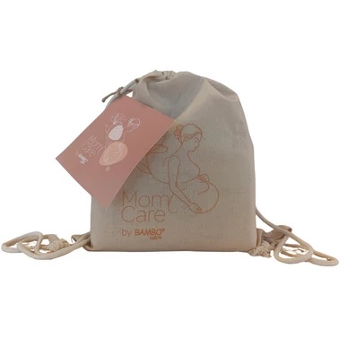Mochila saco bege claro com cordão e etiqueta rosa Mom Care by BAMBOO